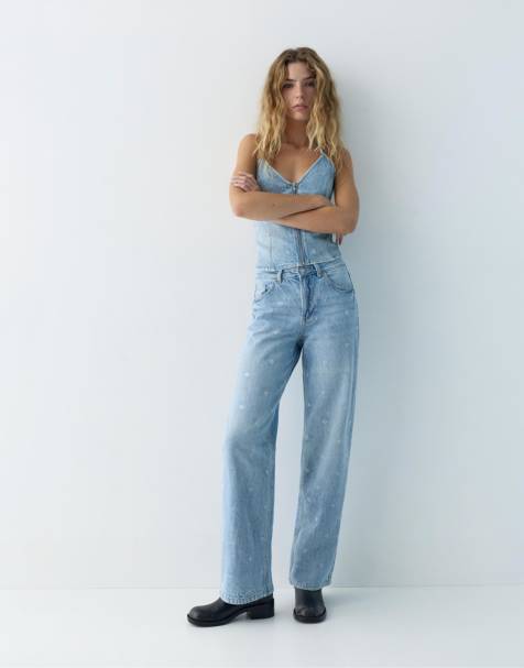 Pull&Bear Straight-leg jeans with rhinestone hearts in pale blue