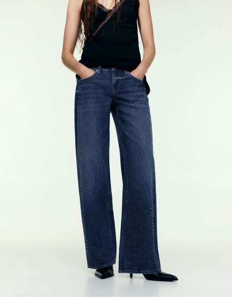 Pull&Bear Straight-leg jeans with rhinestones in dark blue - view 1