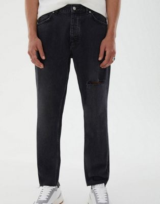 Pull&Bear straight leg jeans with rips in black - ASOS Price Checker