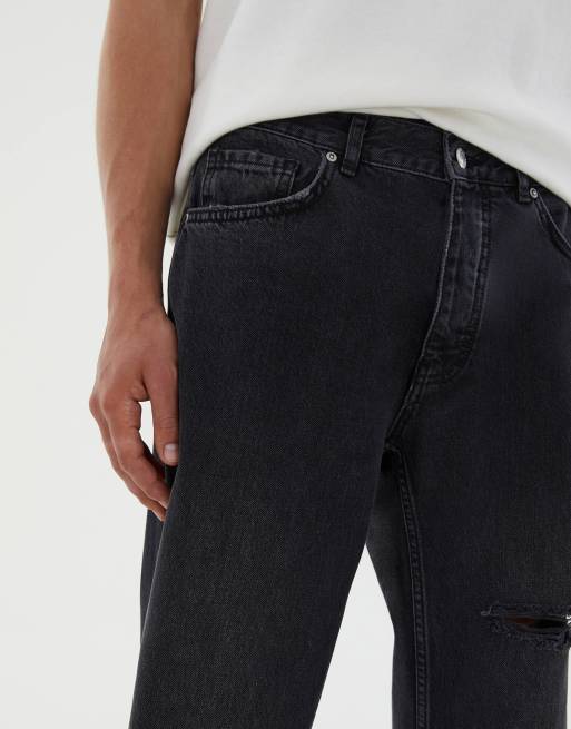 Pull&Bear straight leg jeans with rips in black, 3 of 4