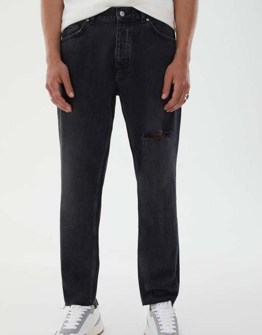 Pull&Bear straight leg jeans with rips in black ASOS