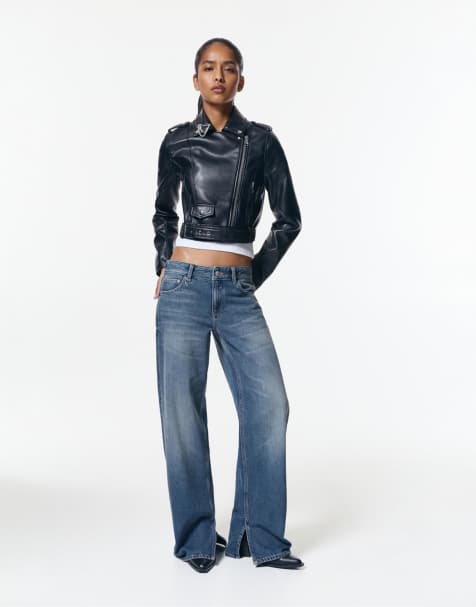 Pull&Bear Straight-leg jeans with splits in dark blue - view 1