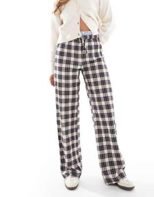 Pull & Bear Straight Leg Pants With Boxer Waistband In Brown Plaid