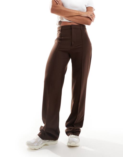 Pull&Bear straight leg tailored pants with front seam in chocolate brown