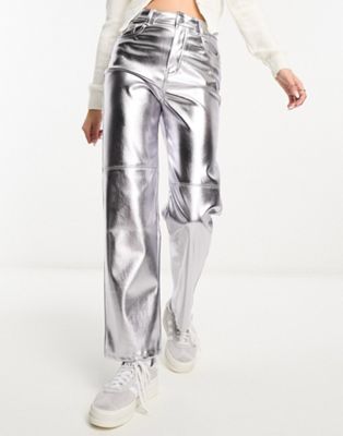 Pull&Bear straight leg trouser in metallic silver