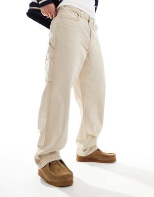 Pull & Bear Straight Leg Twill Pants In Ecru-neutral