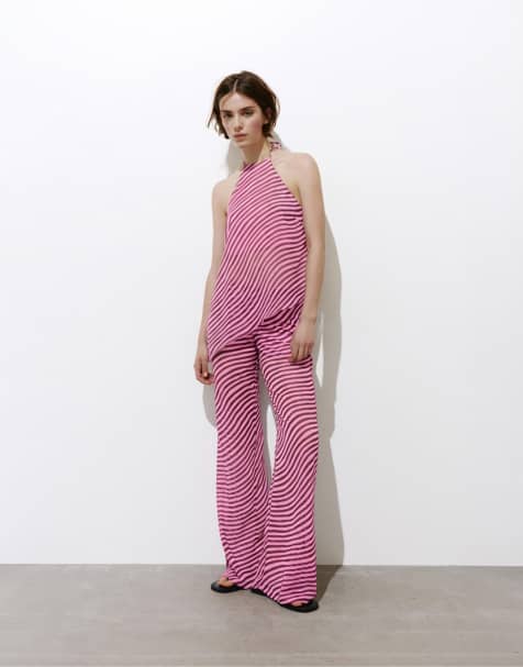 Pull&Bear Straight-leg wave print trousers in pink - view 1