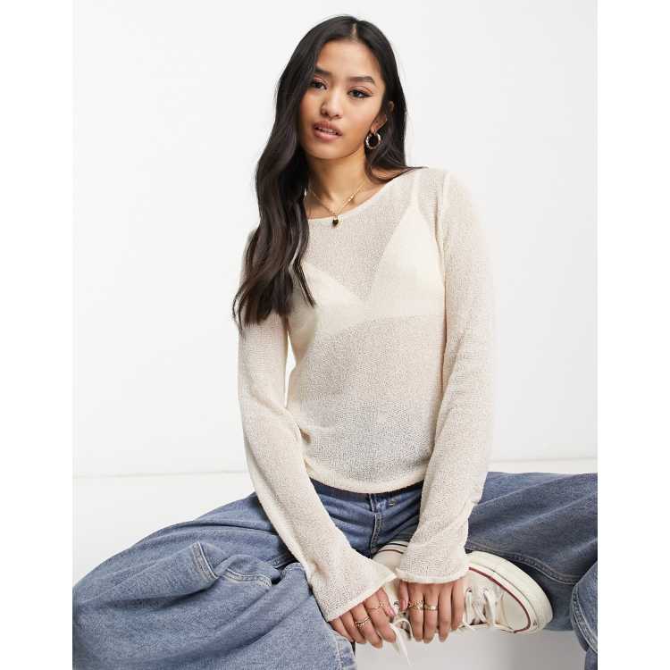 Pull&Bear – Kurzes Strick-Top in Ecru