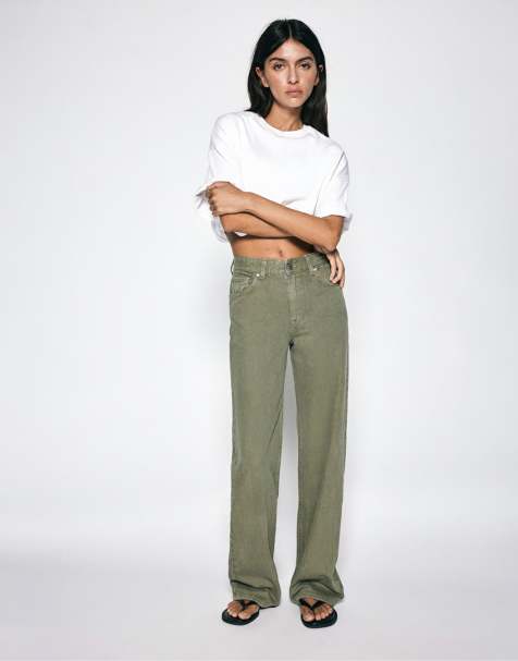 Pull&Bear Straight Wide-Leg Jeans in Khaki - view 1
