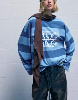 Pull&Bear Stranger things striped t-shirt in blue