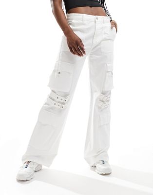 strap detail cargo jean in white