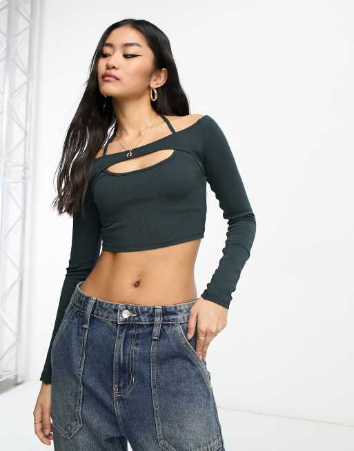 Pull&Bear strappy 2-in-1 shrug top in dark gray | ASOS