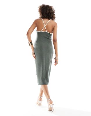 Pull&Bear strappy backless contrast trim textured maxi dress in khaki green  | ASOS