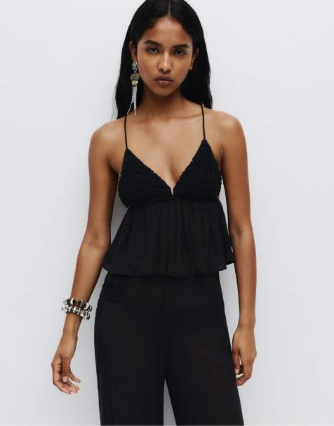 Pull&Bear Strappy crochet top in black - view 1