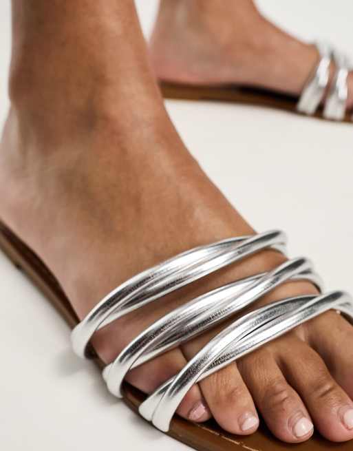 Silver metallic flat store sandals