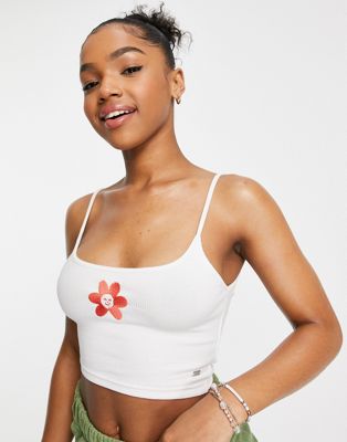 Pull&Bear strappy embroidered cropped vest with floral detail in white