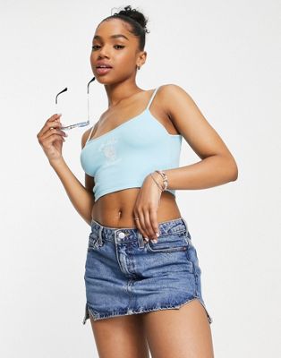 Pull&Bear strappy embroidered graphic cropped vest in blue