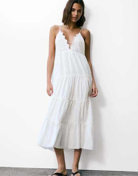 Pull&Bear Strappy embroidered midi dress in white - view 1