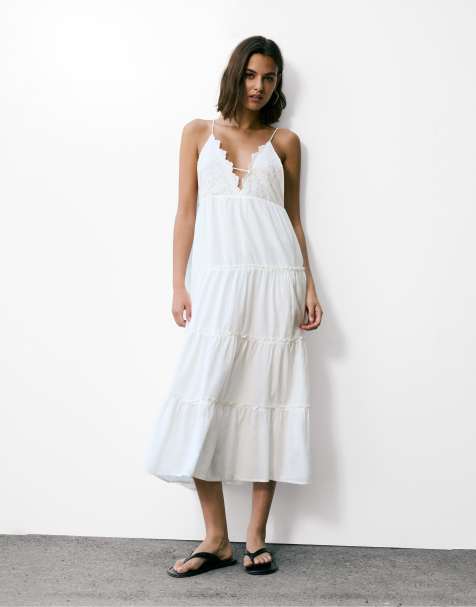Pull&Bear Strappy embroidered midi dress in white