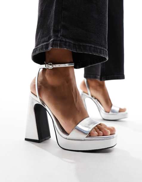 Silver chunky online heels