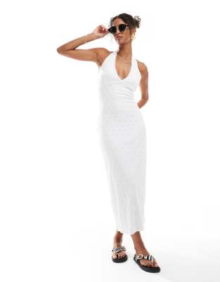 pull&bear strappy jersey broderie midi dress in white