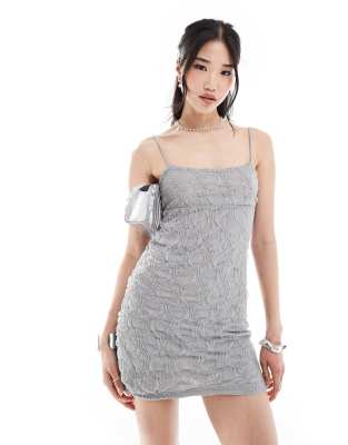 Pull & Bear Strappy Lace Mini Dress In Gray