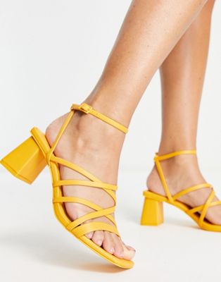 Pull & Bear Wide Fit Strappy Mid Block Heeled Sandals In Orange