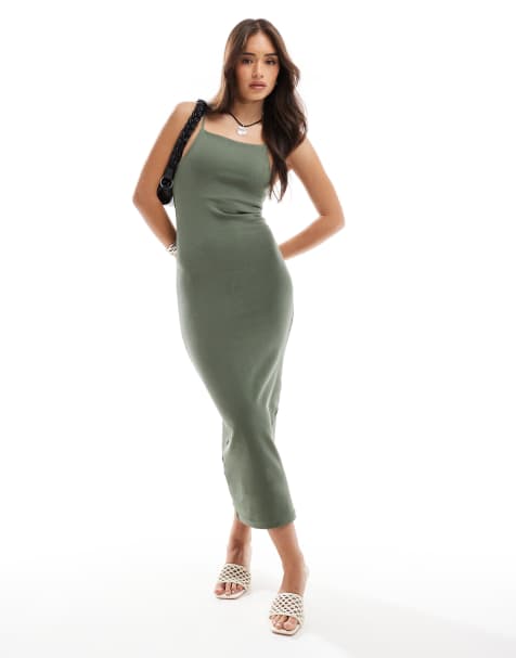 Pull&Bear strappy midi dress in khaki - view 1