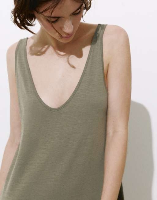 Pull&Bear Strappy midi dress in khaki, 3 of 4