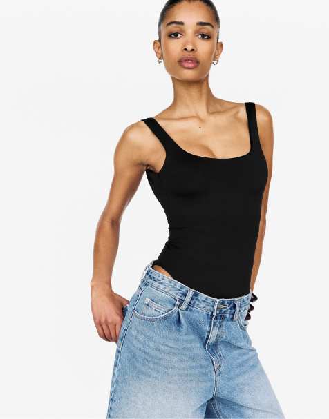 Pull&Bear strappy polyamide bodysuit in black