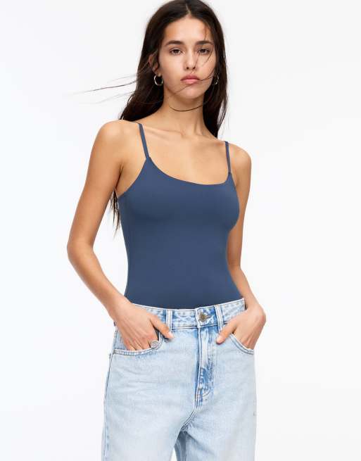 Pull&Bear strappy polyamide bodysuit in navy blue