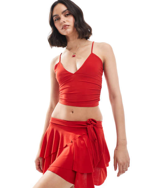Pull&Bear strappy polyamide cami top co-ord in red - view 1