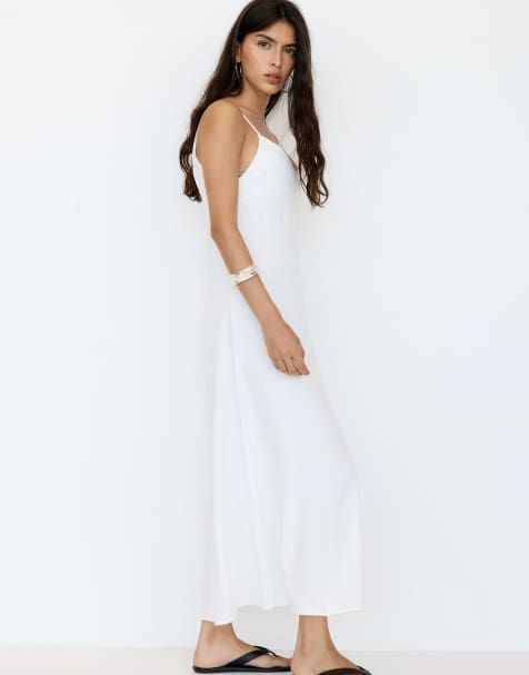 Pull&Bear strappy rustic midi dress in white - view 1