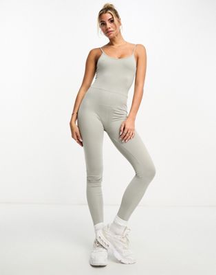 Missyempire knitted long sleeve unitard jumpsuit in stone