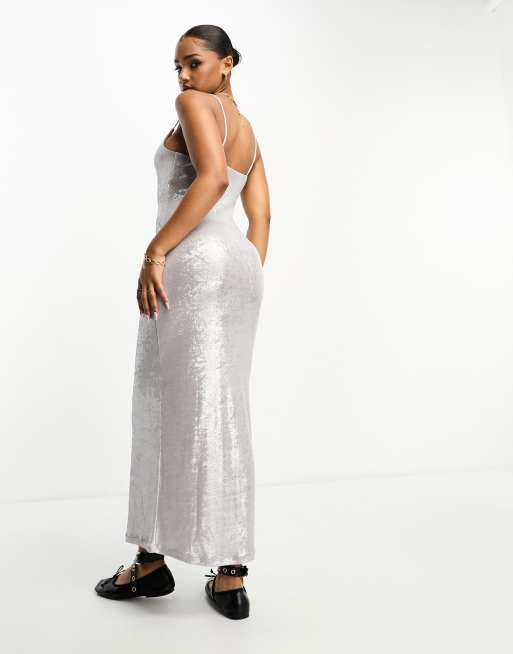 Pull&Bear strappy slinky maxi dress in silver