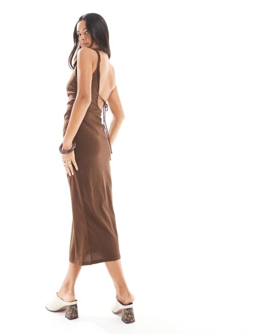 Pull&Bear strappy slit detail maxi dress in chocolate brown