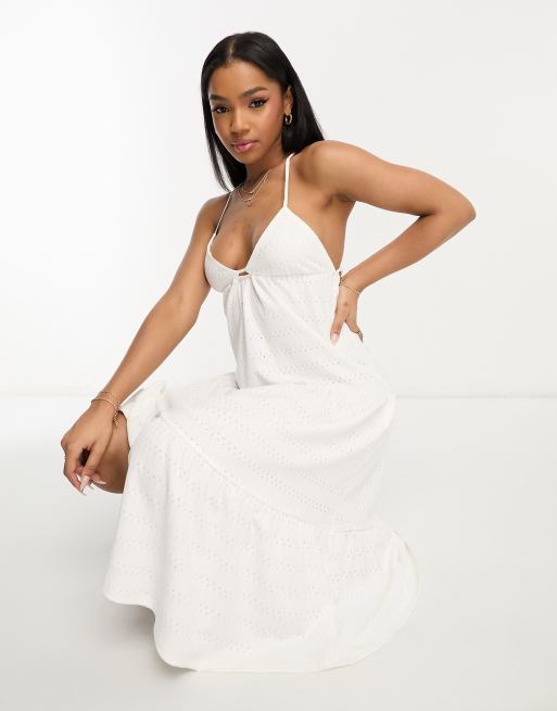 Pull&Bear strappy smock midi dress in white | ASOS