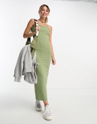 Pull&Bear strappy soft shaping maxi dress in khaki