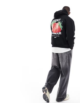 Pull & Bear strawberry graphic back printed hoodie in black