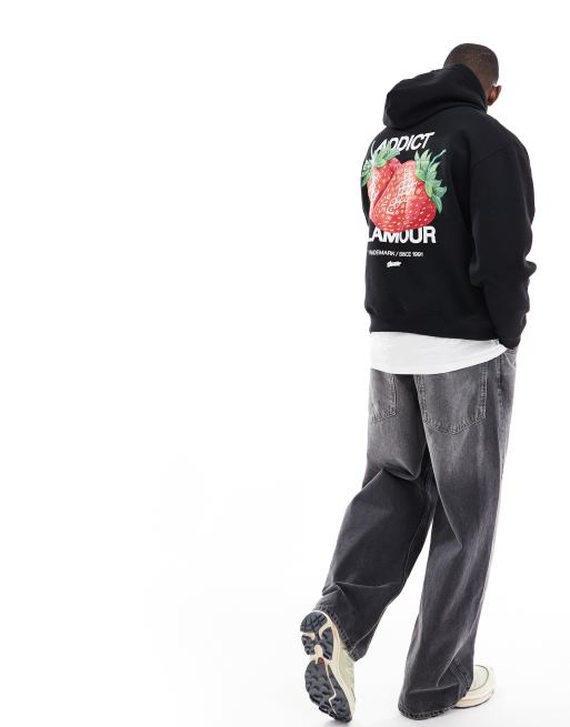 Pull&Bear strawberry graphic back printed hoodie in black