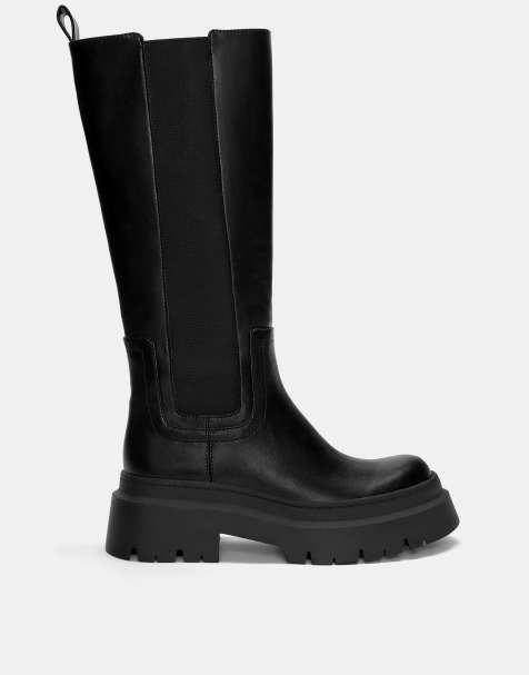 Pull&Bear stretch chunky knee high boots in black - view 1