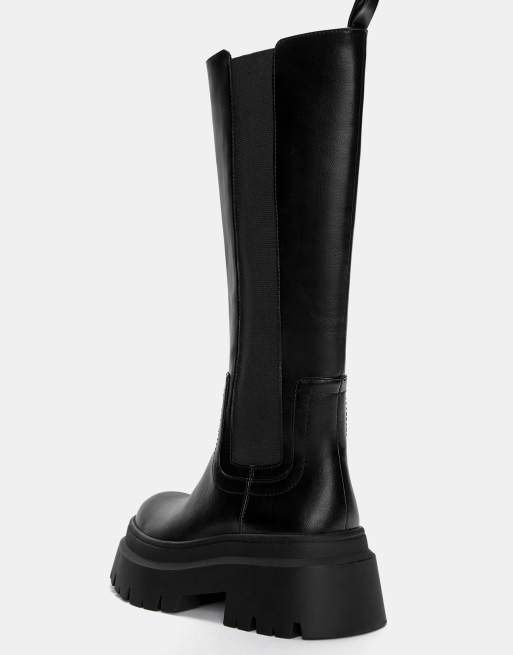 Pull&Bear stretch chunky knee high boots in black, 3 of 4