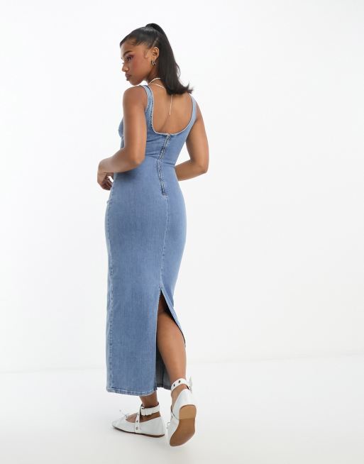 white christmas dresses Blue Denim Print High Neck Bodycon Maxi Dress main image 0