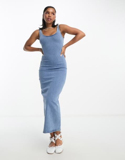 Pull&Bear stretch denim maxi dress with split detail in medium blue - view 1