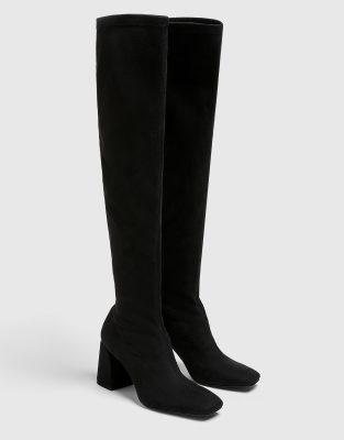 Pull & Bear Stretch Over The Knee Heeled Boot In Black | ModeSens