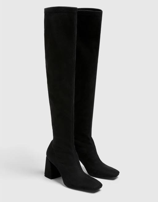 Pull Bear stretch over the knee heeled boot in black