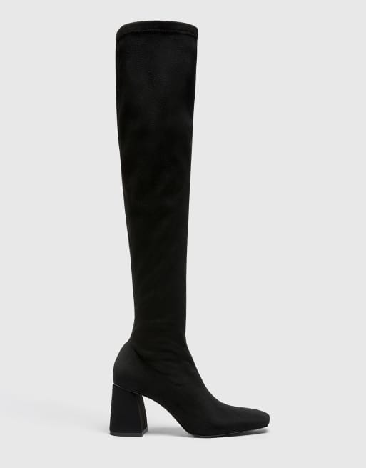 Pull Bear stretch over the knee heeled boot in black