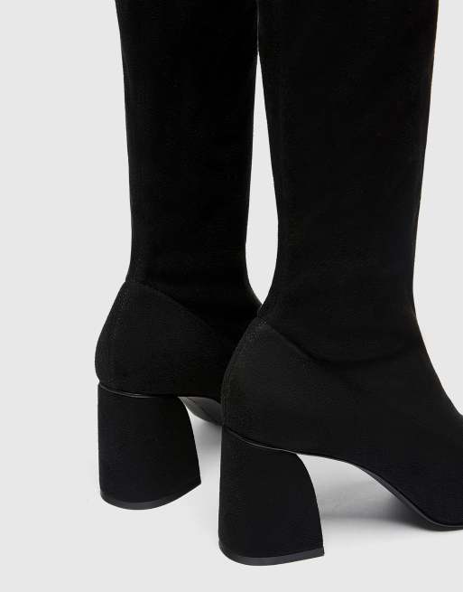 Pull Bear stretch over the knee heeled boot in black