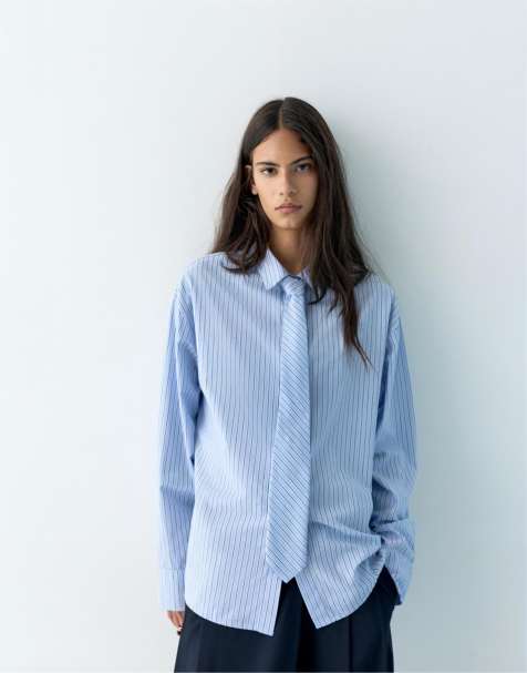 Pull&Bear - Stribet poplin-skjorte med bindebånd - view 1