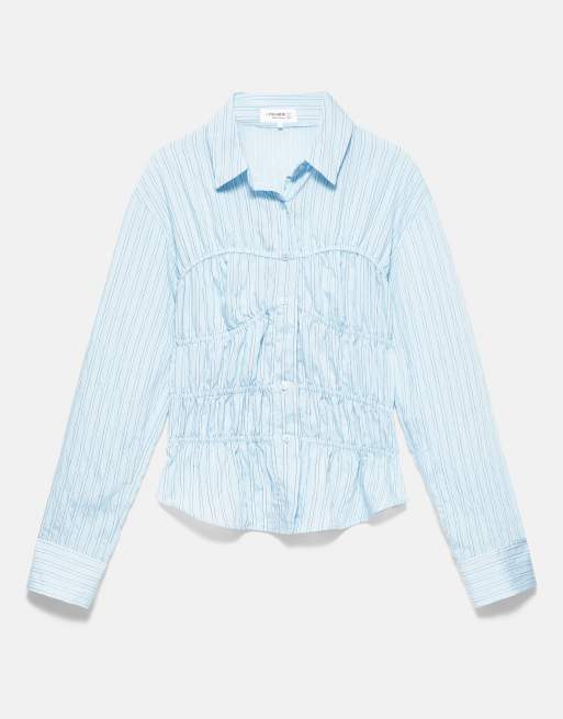 Pull&Bear stribet skjorte med rynkning og lange ærmer i blå, 6 af 7
